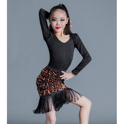 Girls kids baby leopard snake pattern fringed latin dance dresses stage performance latin dance costumes for children